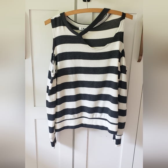 LNA Cold Shoulder Sweatshirt Womens S Black White Stripe Pullover - Picture 1 of 5